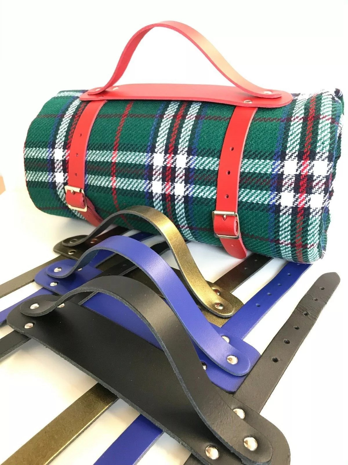 Leather Carrier Straps with Handle - for Picnic / Travel Rugs / Yoga Mats (Black)