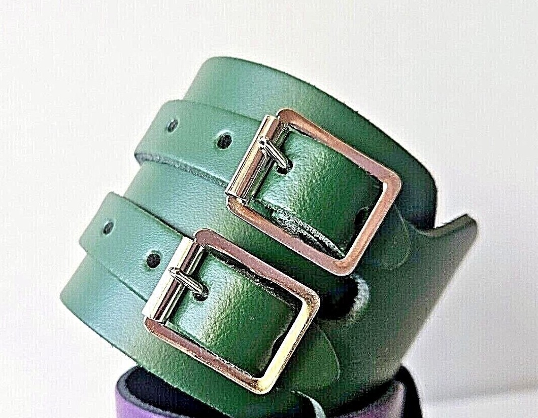 Leather Two Strap Wrist Band Brace Support - Gym Weight Lifting Wrap - Various Colours (Dark Green)