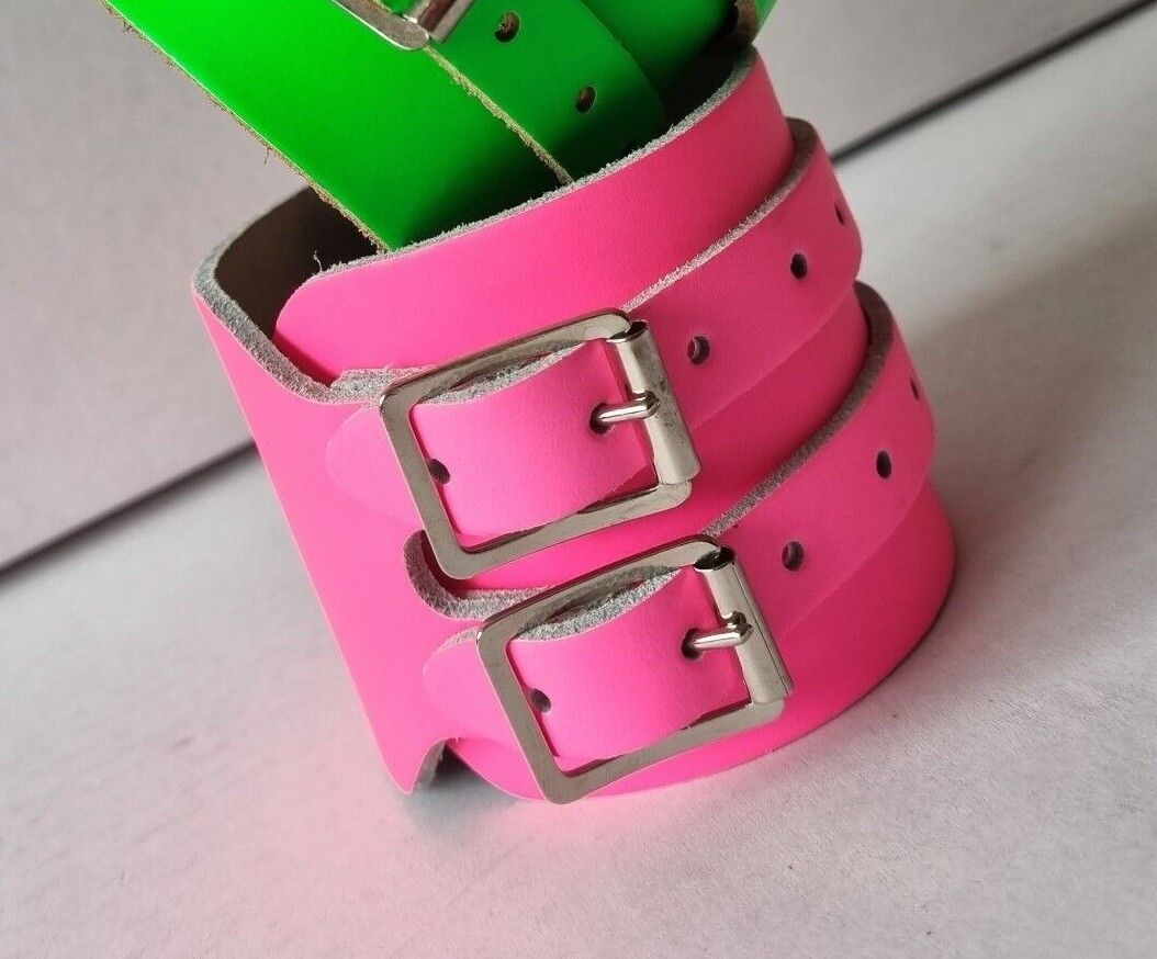 Leather Two Strap Wrist Band Brace Support - Gym Weight Lifting Wrap - Various Colours (Fluorescent Pink)