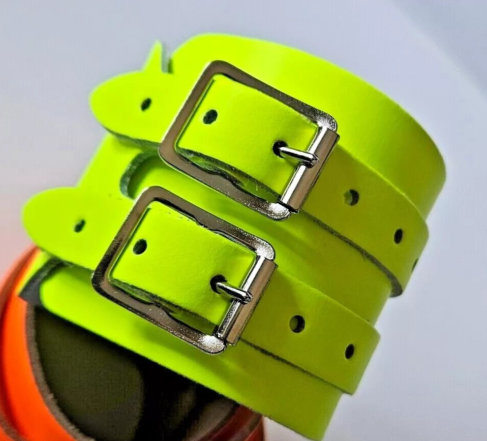 Leather Two Strap Wrist Band Brace Support - Gym Weight Lifting Wrap - Various Colours (Fluorescent Yellow)