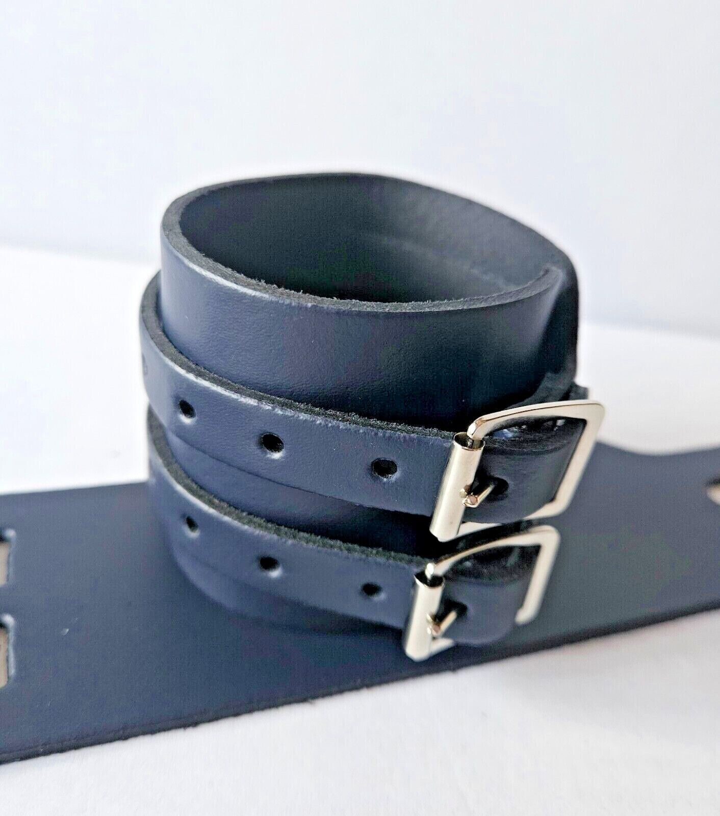 Leather Two Strap Wrist Band Brace Support - Gym Weight Lifting Wrap - Various Colours (Navy Blue)