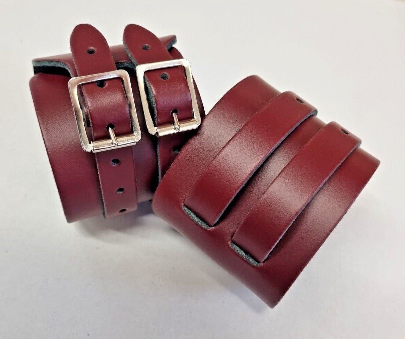 Leather Two Strap Wrist Band Brace Support - Gym Weight Lifting Wrap - Various Colours (Ox Blood Red)