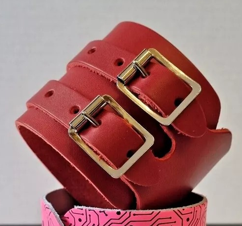 Leather Two Strap Wrist Band Brace Support - Gym Weight Lifting Wrap - Various Colours (Red)