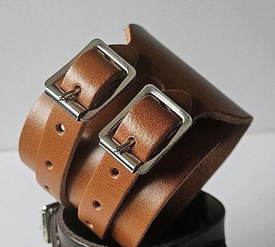 Leather Two Strap Wrist Band Brace Support - Gym Weight Lifting Wrap - Various Colours (Tan)